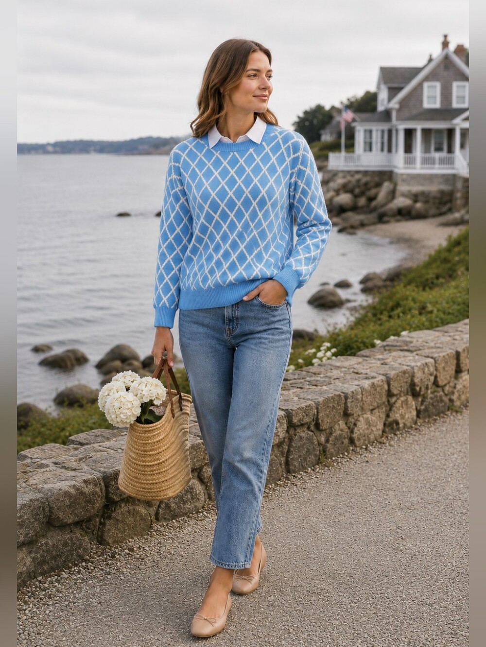 STS Sail To Sable 100% Wool Diamond Print Crewneck Sweater Coastal Women's XS